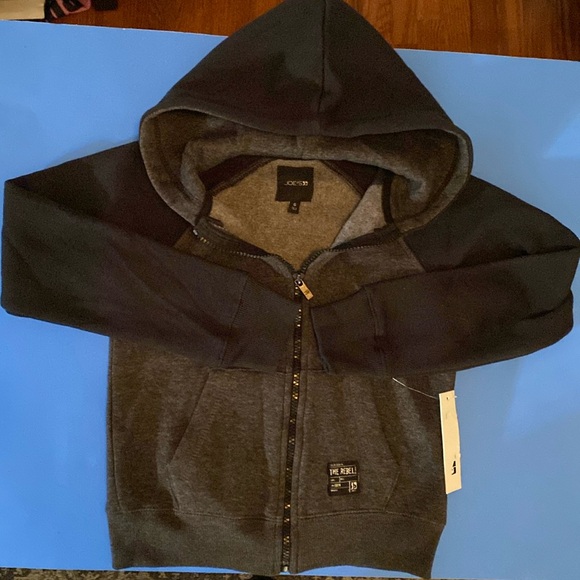 Joe’s Jeans Boys ColorBlock Raglan Hoodie, Black & Grey, Zip Front, Size L/6 NWT - Picture 1 of 11